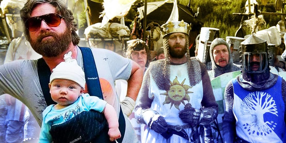 A split image of The Hangover and Monty Python and the Holy Grail comedy film casts