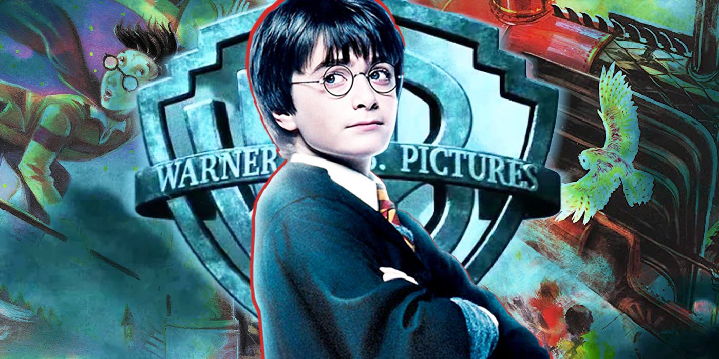 Harry Potter year one in front of Warner Bros Picture Logo and Sorcerrer's Stone book Covers