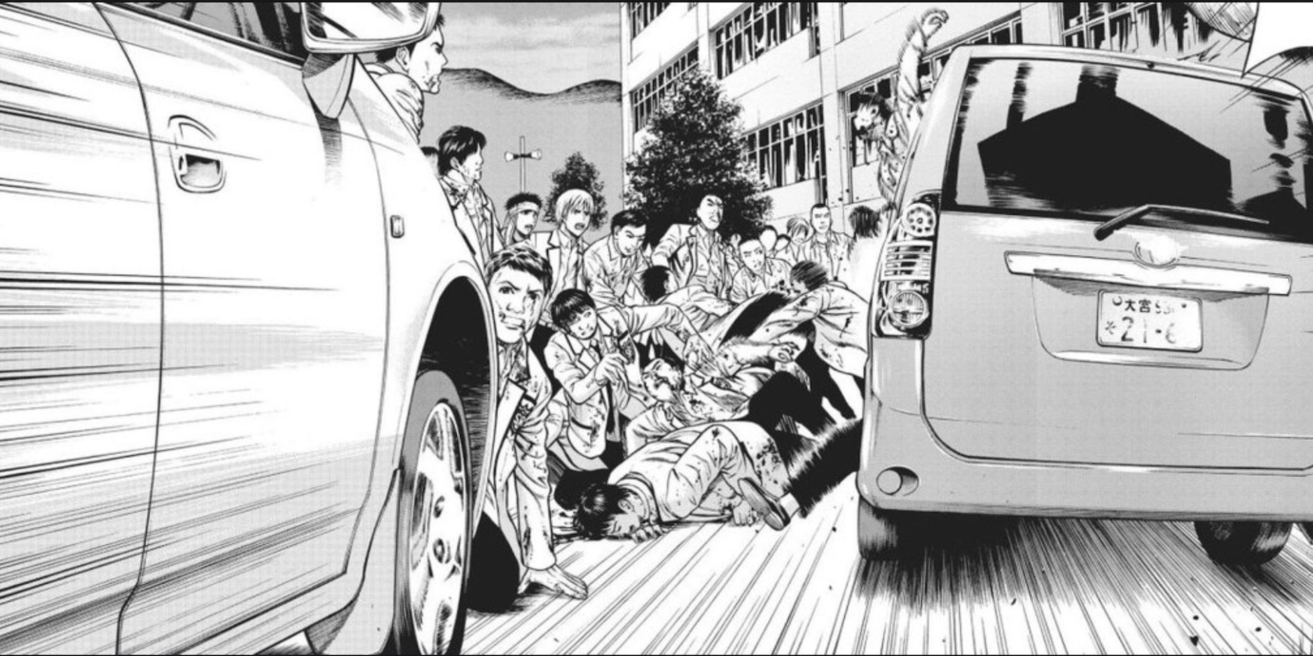 Cars drive though hordes of zombies in Hour of the Zombie manga