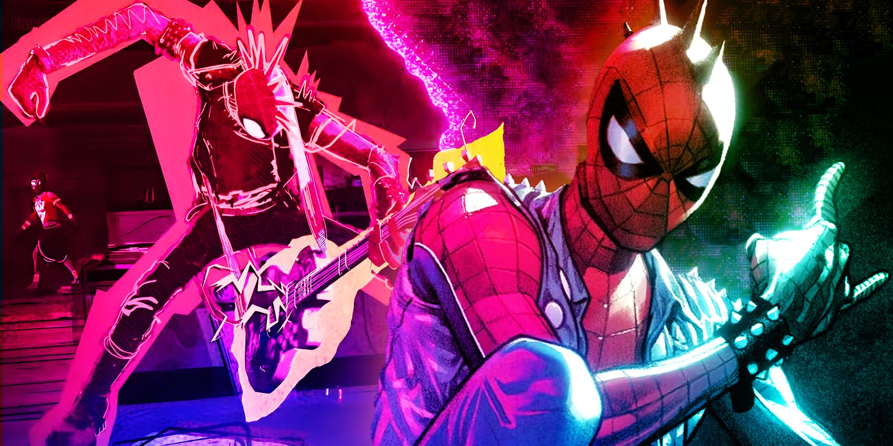 Spider-Punk playing the guitar as seen in Spider-Man: Across the Spider-Verse and Spider-Punk as seen in comic Spider-Punk: Banned in D.C.