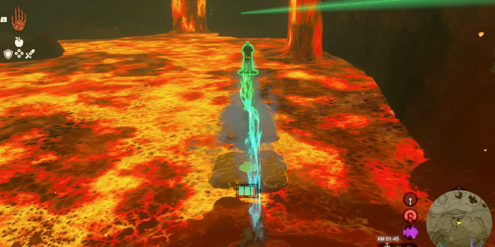 Link usa um hidrante para tornar a lava sólida em Tears of the Kingdom