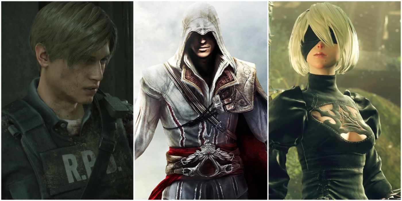 Leon Kennedy in Resident Evil 2, Ezio Auditore in Assassin's Creed II, and 2B in NieR: Automata
