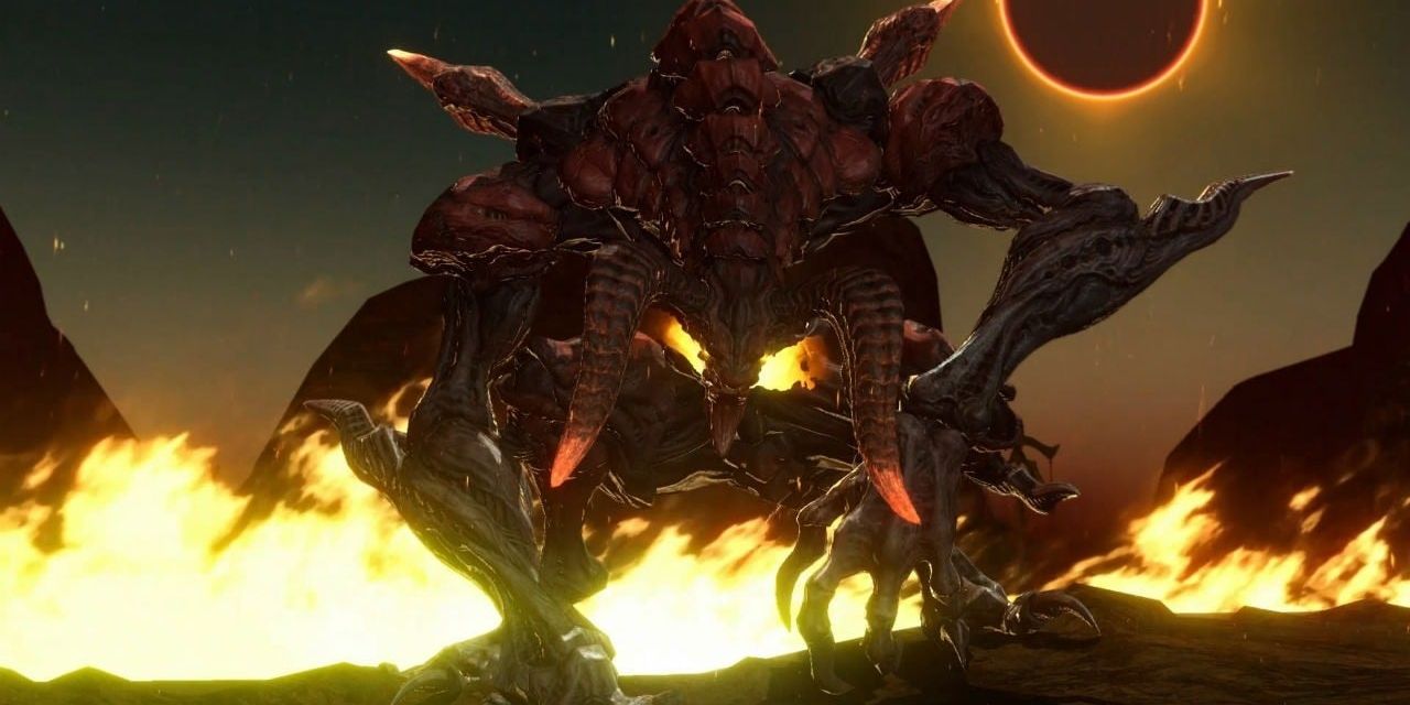 Ifrit is ready for a battle in front of an eclipse in Final Fantasy XIV
