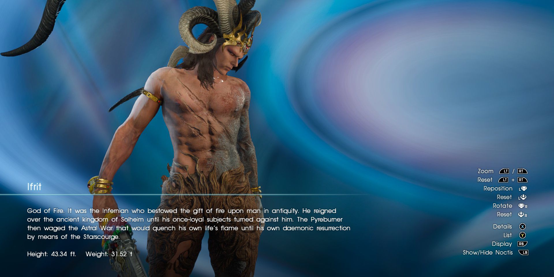 Ifrit archive entry in Final Fantasy XV that shows off his character model