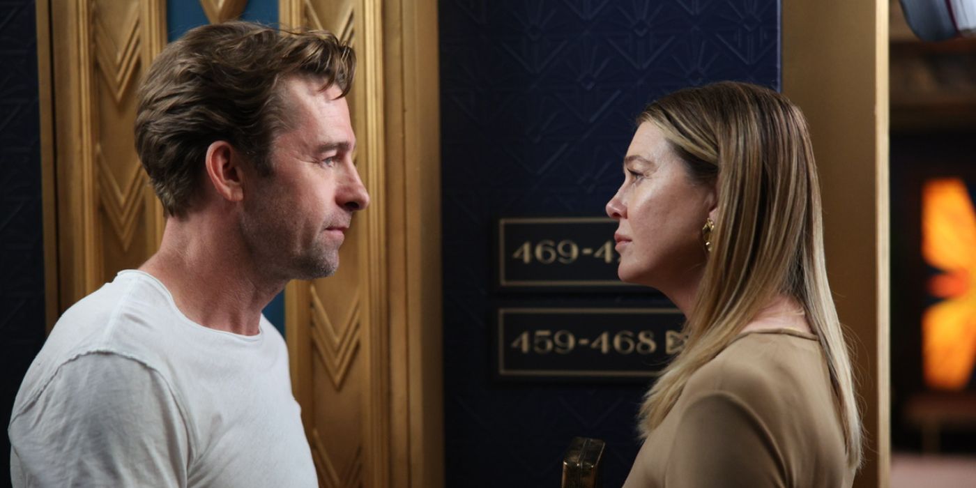 Meredith Grey and Nick Marsh face each other in the hotel hallway in Grey's Anatomy Season 19 finale.