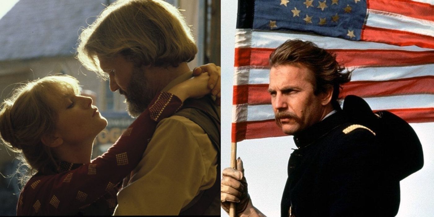 Ella and James embrace in Heaven's Gate and John rides with an American flag in Dances With Wolves