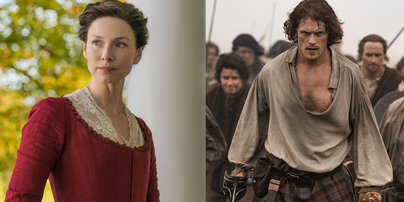 Claire wears a red and white dress and Jamie leads warriors in Outlander