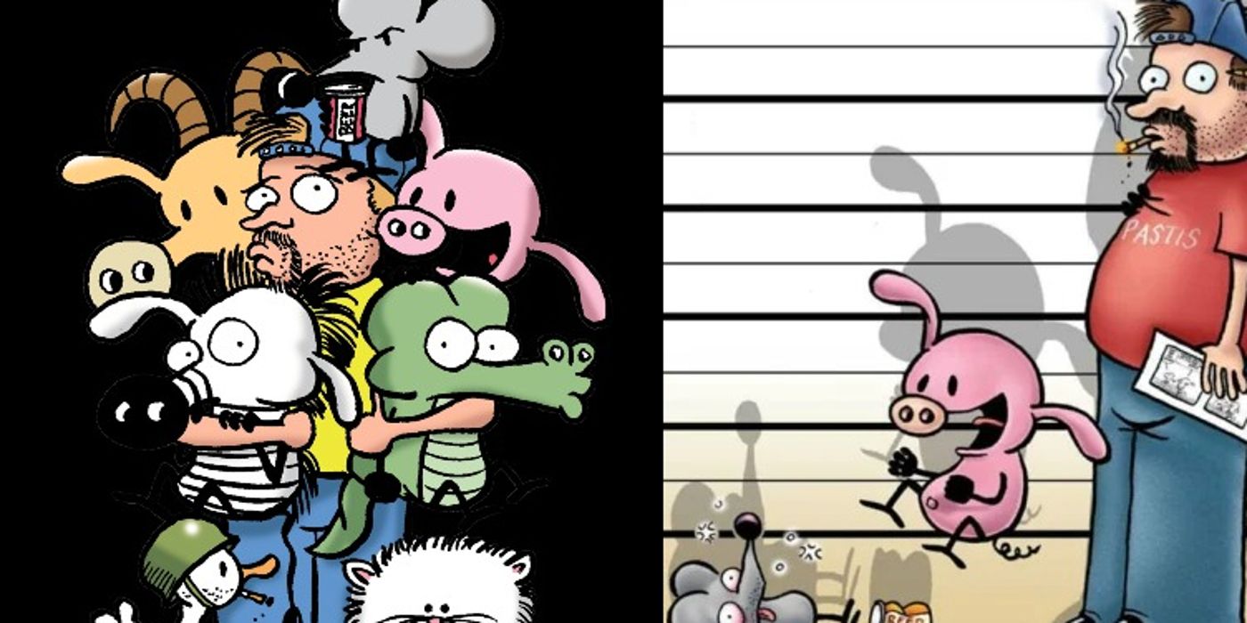 Stephan Pastis is surrounded by animals and stands in a police lineup in Pearls Before Swine