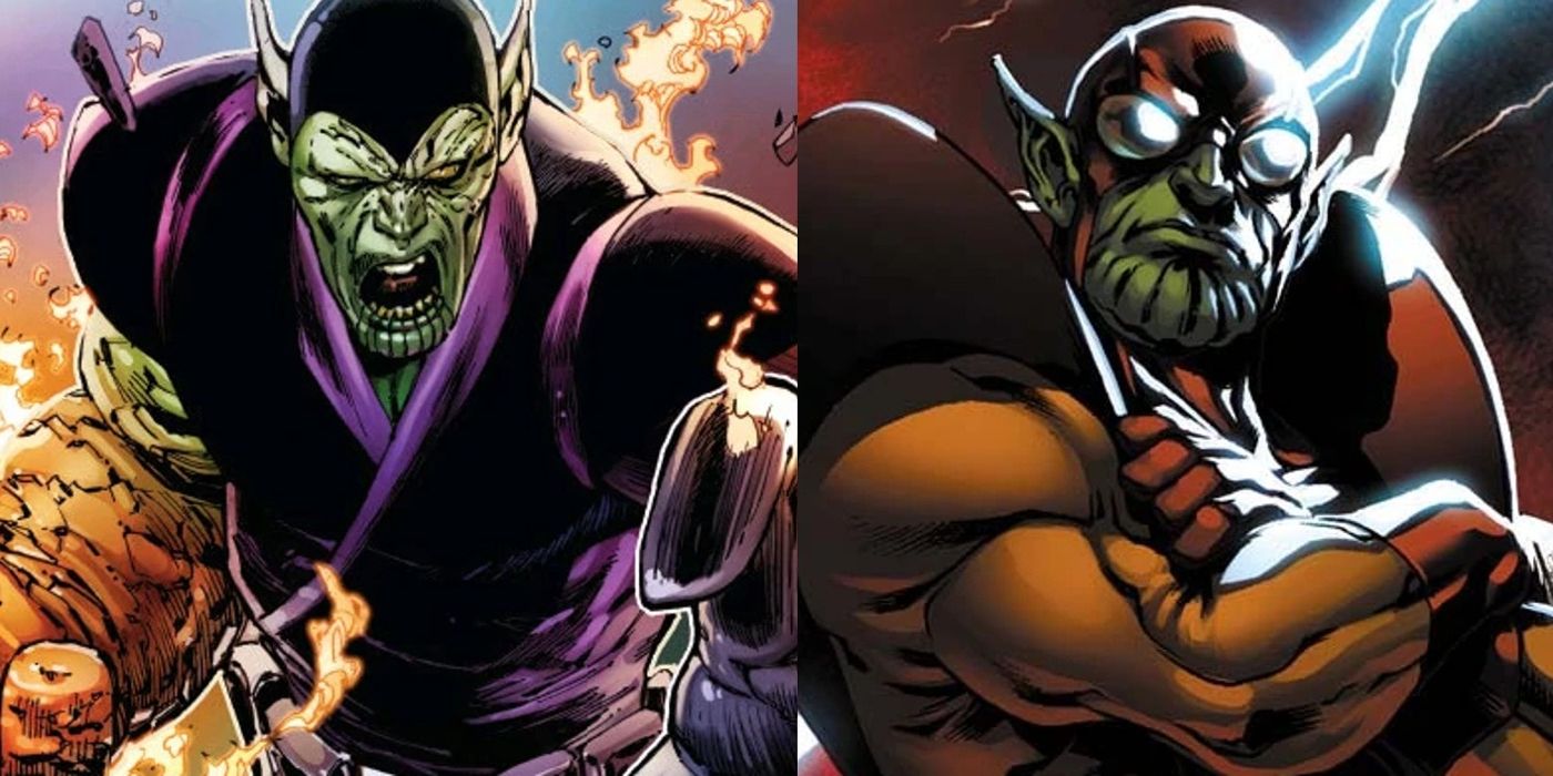 A split image of Kl'rt the Super-Skrull and Criti Noll's Skrull clone in Marvel Comics