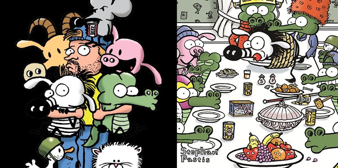 Stephan Pastis is surrounded by animals and Zebra is captured by the Crocs in Pearls Before Swine
