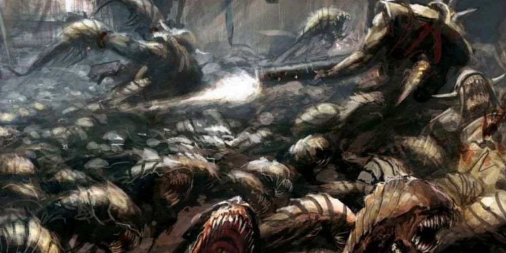 Warhammer 40K Ripper Swarm Tyranids atacando uma posição Ork