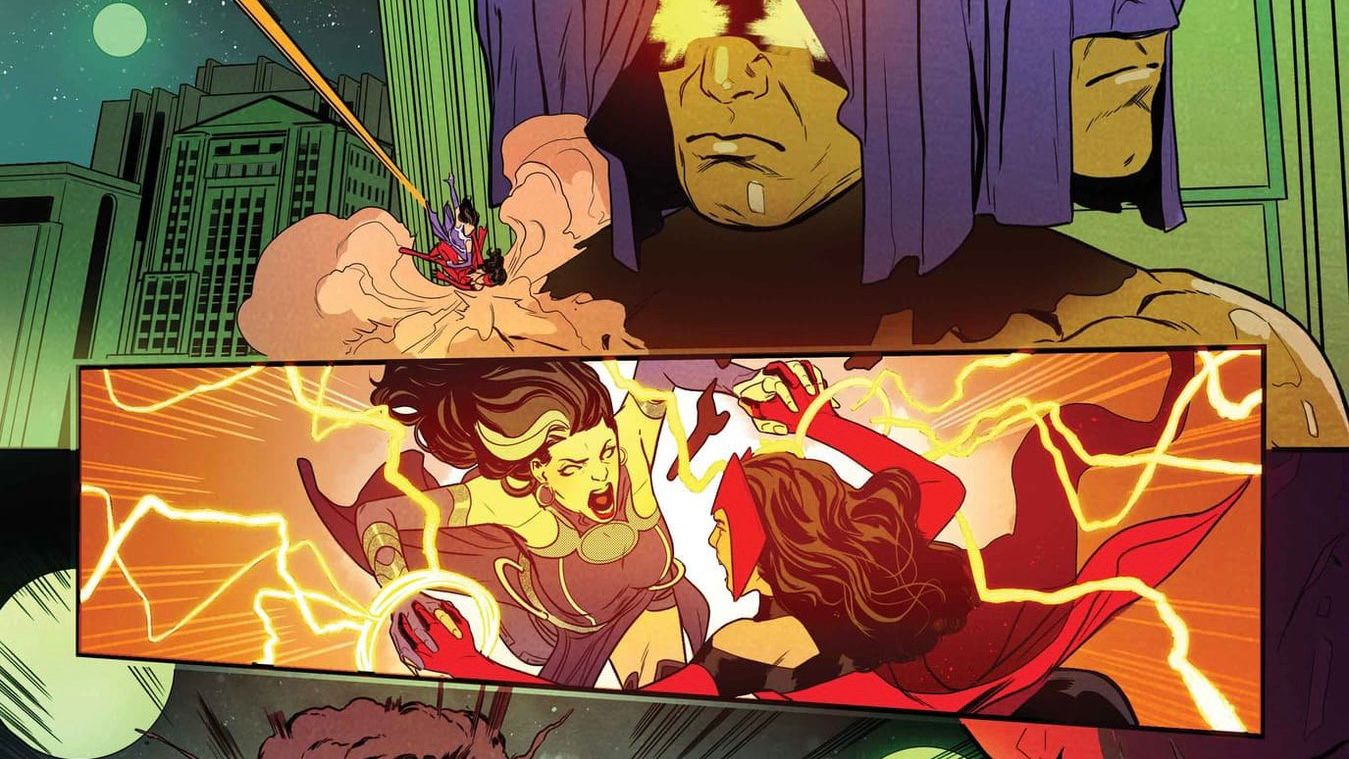 Scarlet Witch y Agatha chocan contra el hombro del Living Tribunal