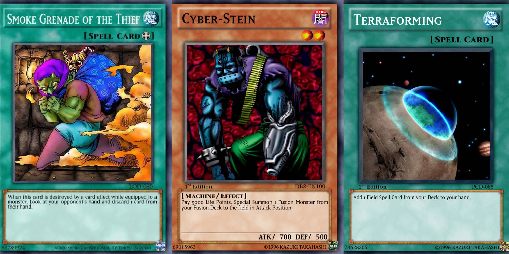 cartas yugioh granada de fumaça do ladrão, cyber stein e terraformação