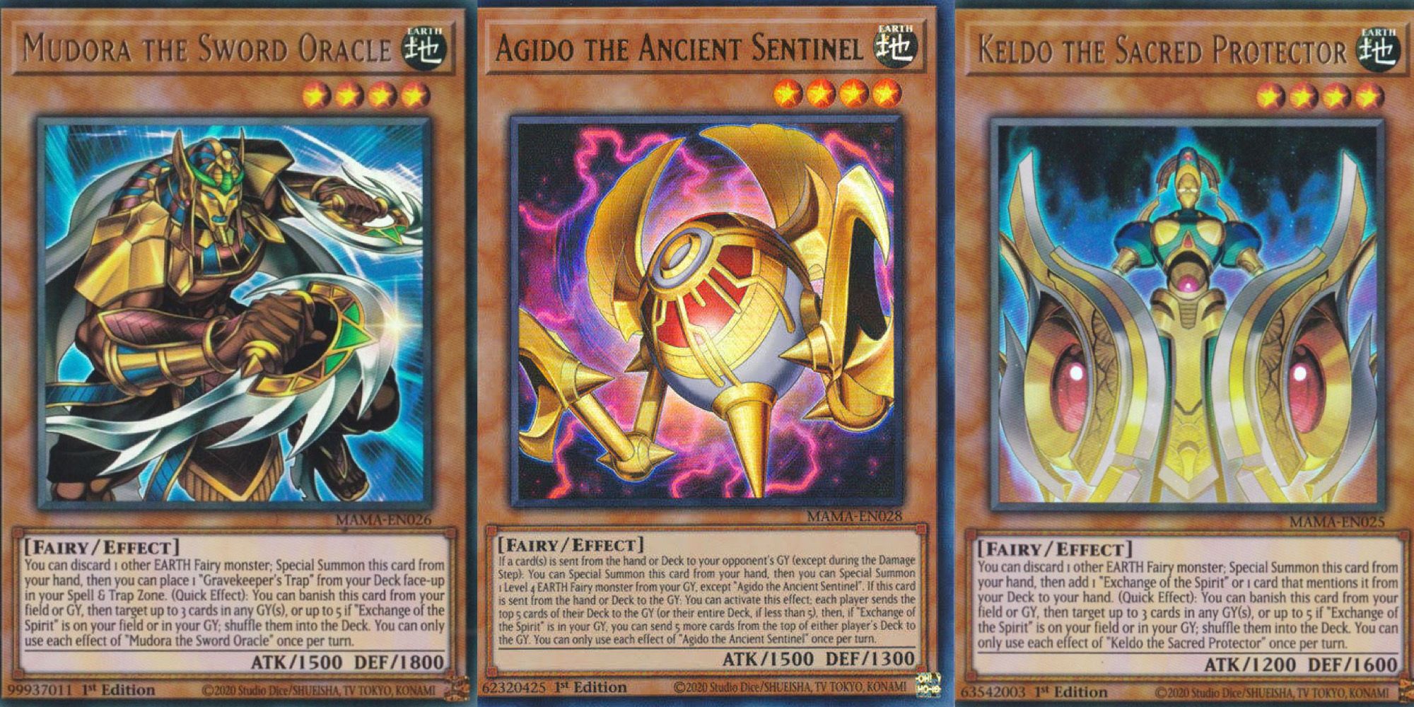 cartas yugioh mudora o oráculo da espada, agido o antigo sentinela e keldo o protetor sagrado