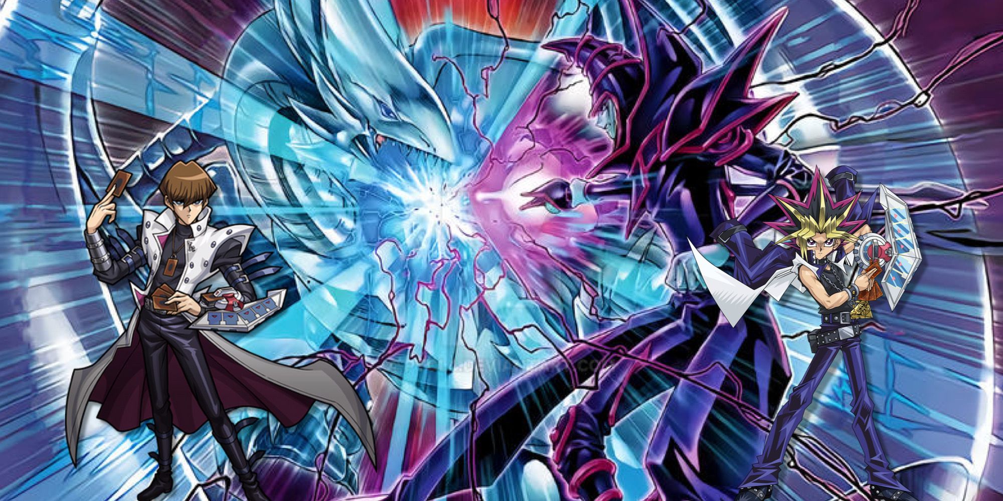 seto kaiba and atem in front of yugioh card artwork for destined rivals