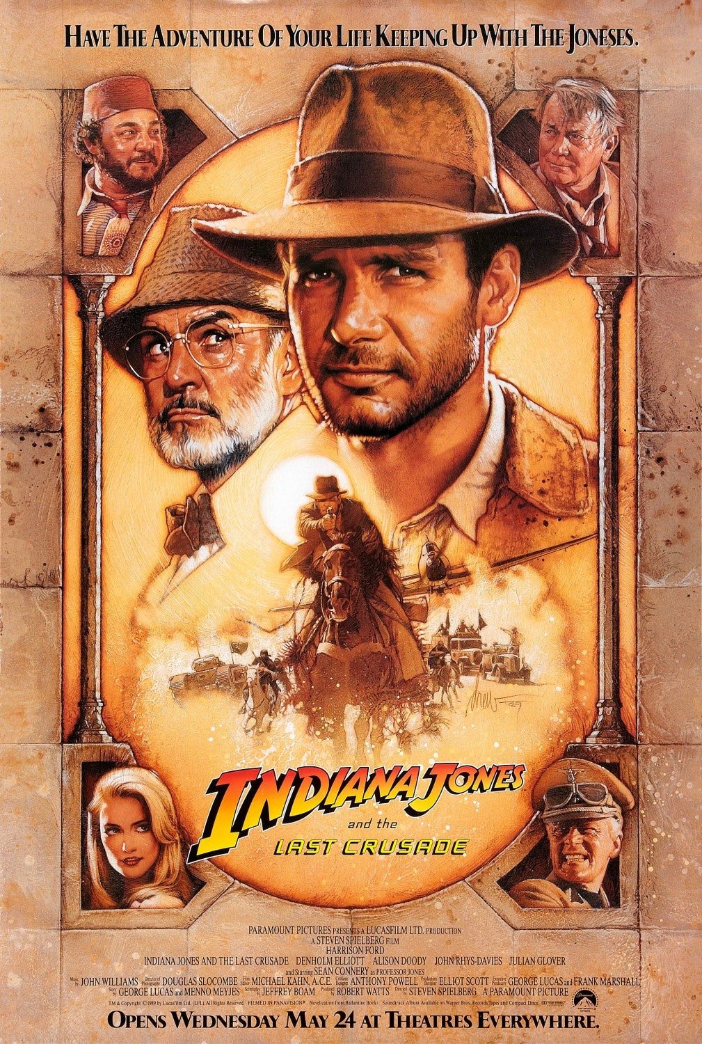 Sean Connery, Harrison Ford, Denholm Elliott, Michael Byrne, Alison Doody e John Rhys-Davies em Indiana Jones e a Última Cruzada (1989)