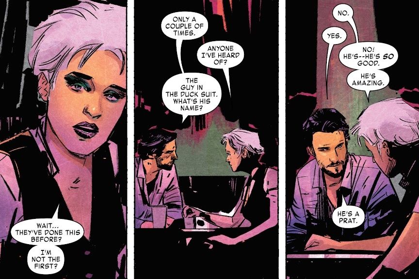 Amanda Armstrong conversa com um agente da SHIELD sobre Elton John em Marvel's International Iron Man