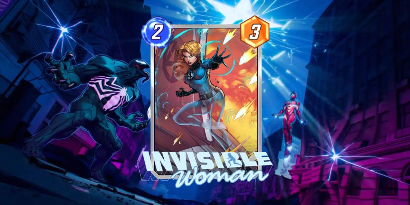 Cartão Marvel Snap da Mulher Invisível contra o fundo da arte promocional