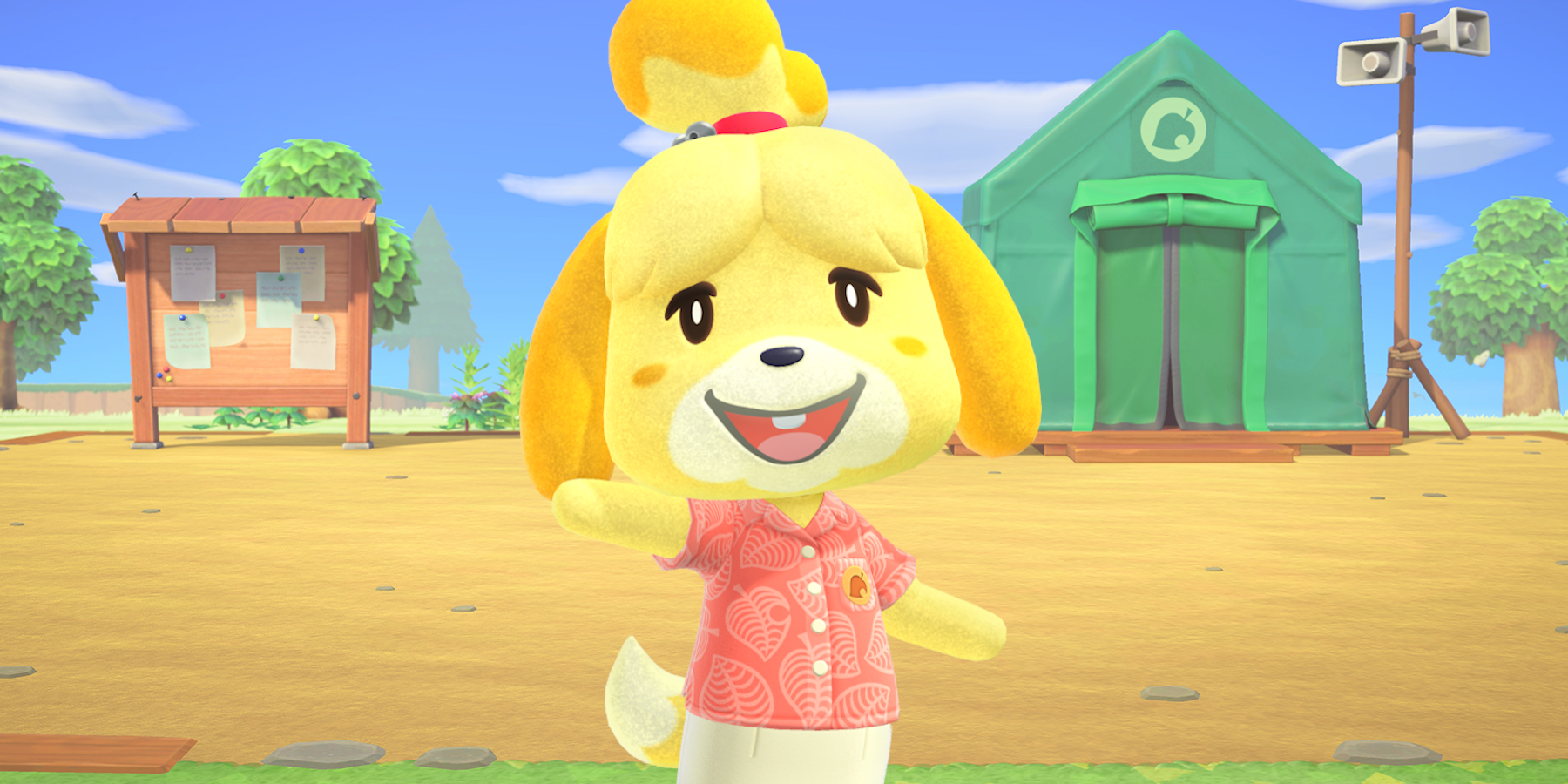 Isabelle de Animal Crossing: New Horizons fica em frente à tenda do Resident Services e acena