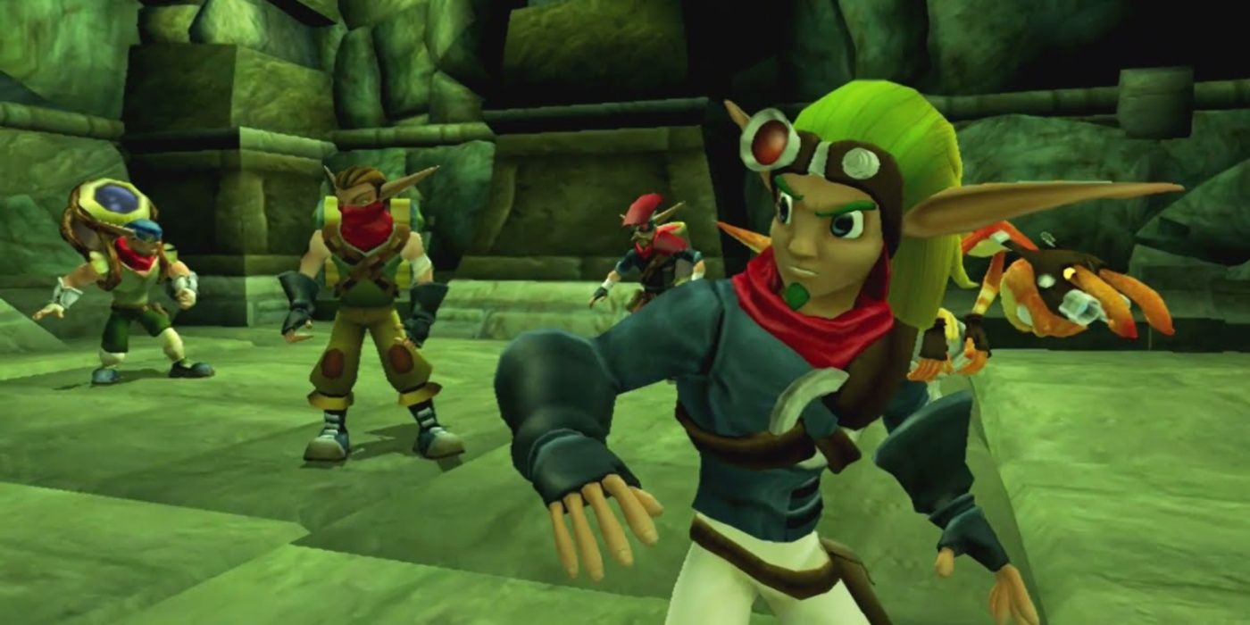 Jak escoltando um grupo de mercenários através de um esgoto em Jak II.