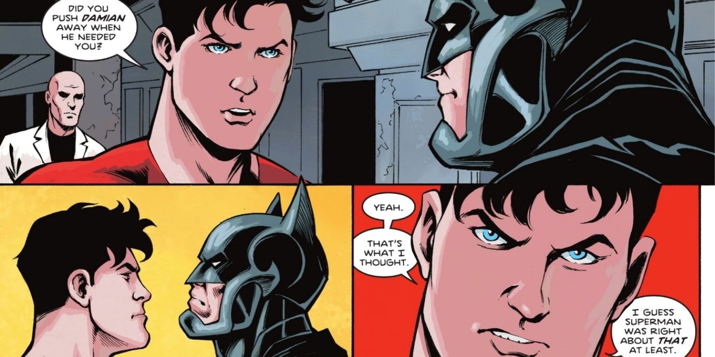 Jon Kent dá uma palestra para Batman sobre como ele criou Damian Wayne.