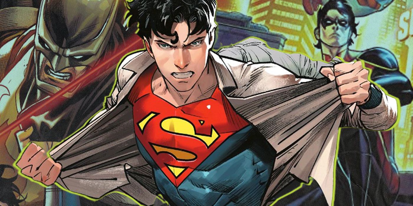 Jon Kent Superman ripping shirt in front of Batman and Damian