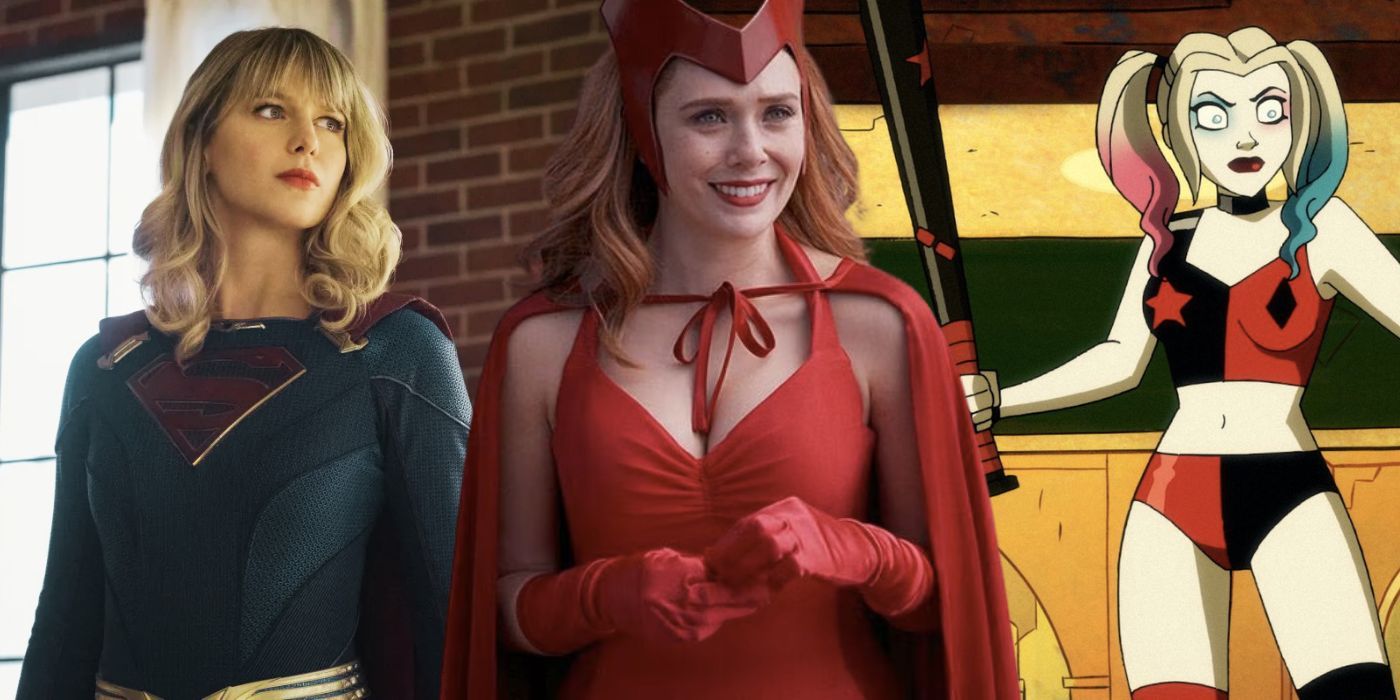 Collage of Kara Danvers in Supergirl, Wanda in WandaVision, and Harley in Harley Quinn
