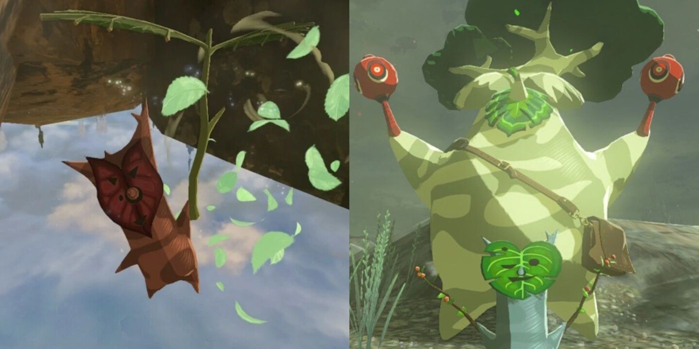 Imagem dividida de um pequeno Korok e outro dançando com Hestu em Tears of the Kingdom.