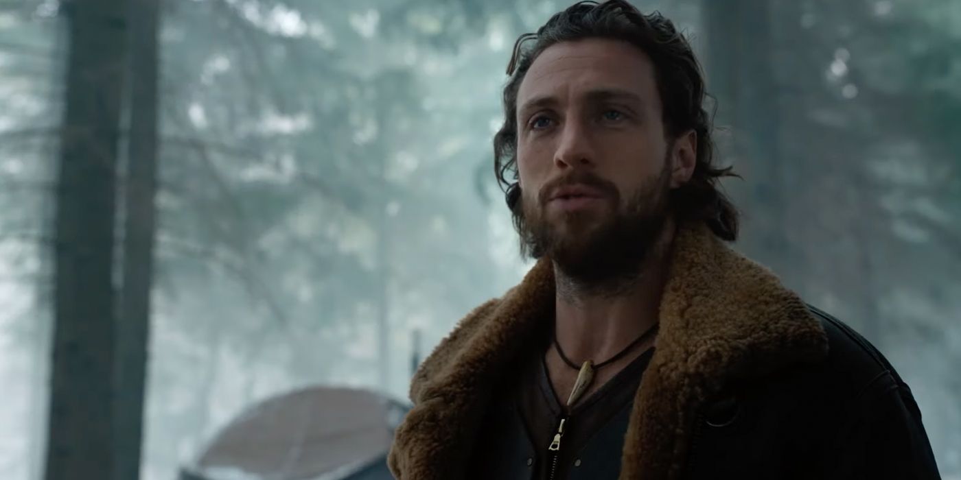 Aaron Taylor Johnson as Sergei Kravinoff in the woods in Karven the Hunter