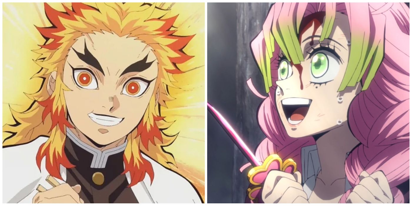 kyojuro rengoku grinning on the left with Mitsuri Kanroji holding her fists up on the right