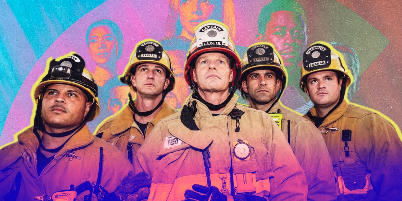 The LA Fire & Rescue cast in front of an image from NBC's Chicago Fire