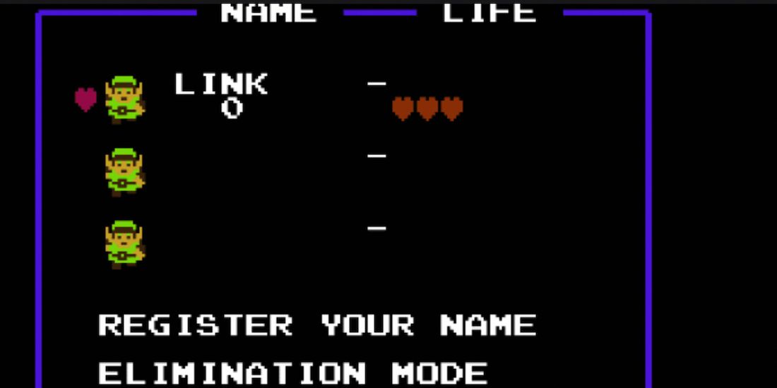 A tela Save Menu de The Legend of Zelda para o NES