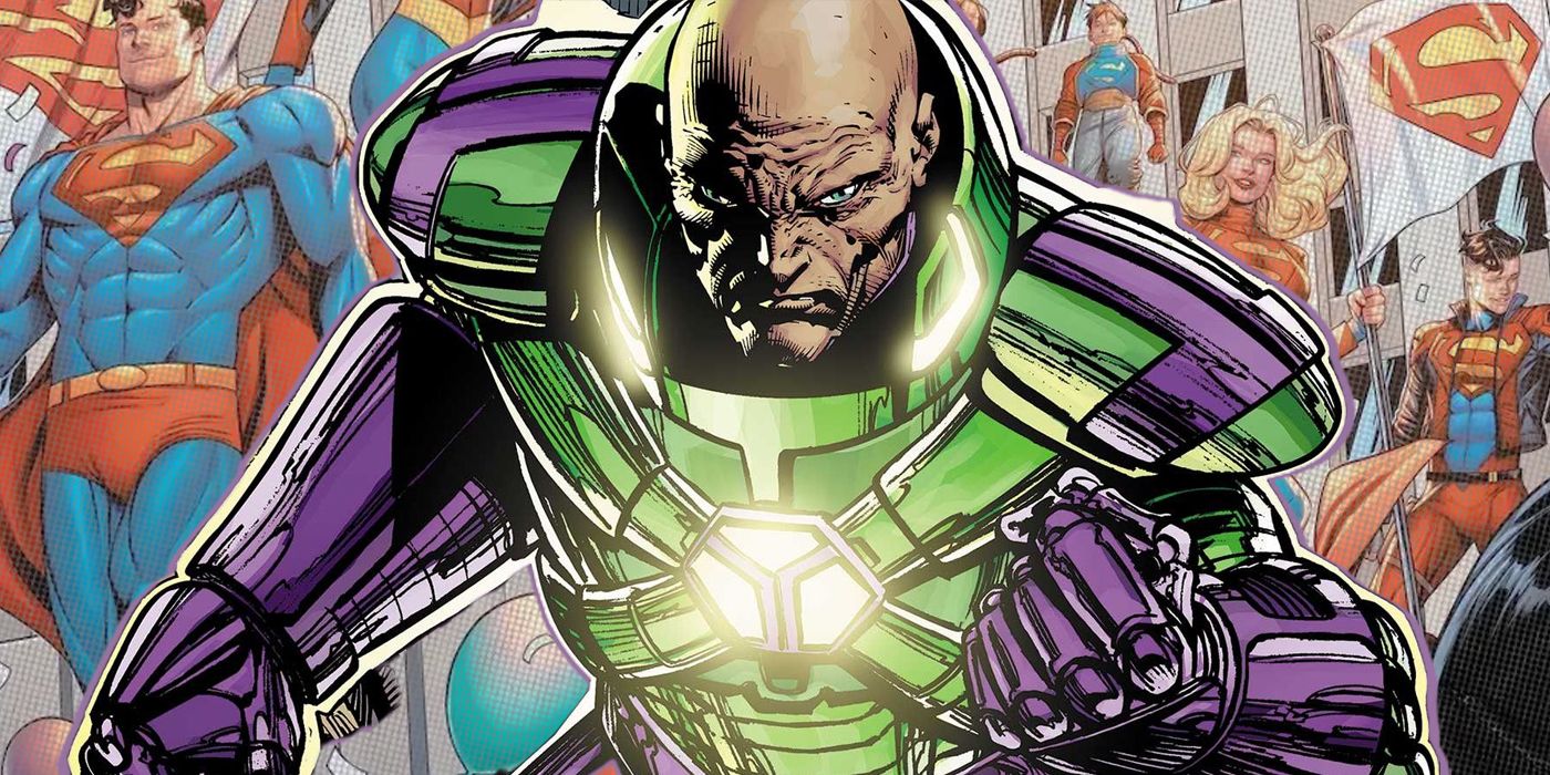 Lex Luthor wearing his warsuit in front of Superman family in DC Comics