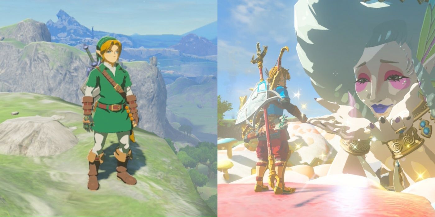 Imagem dividida de Link usando o conjunto Armor of Time e uma Grande Fada atualizando sua armadura.