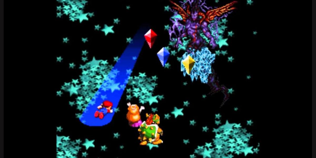 Mario, Peach e Bowser lutando contra o chefe secreto Culex em Super Mario RPG