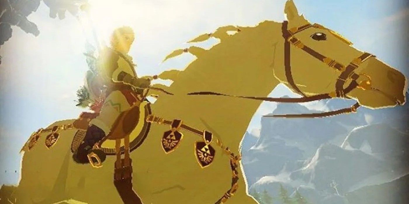 Link cavalgando o cavalo dourado pela floresta em Tears of the Kingdom