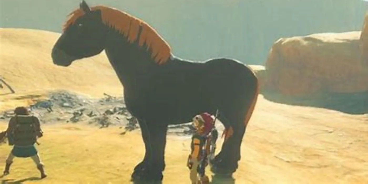 Link parado ao lado do Cavalo de Ganandorf no deserto em Tears of the Kingdom