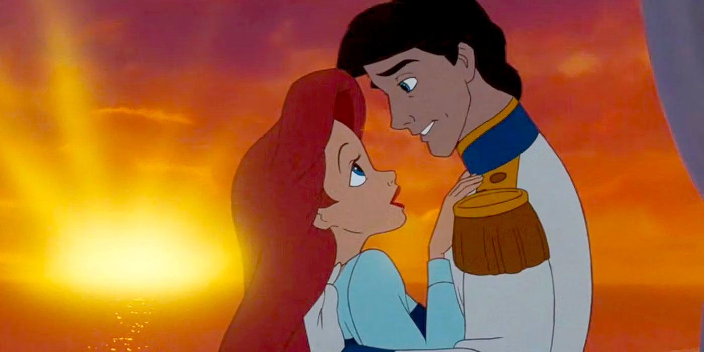 Prince Eric and Ariel in front of the sunset in Disney's The Little Mermaid