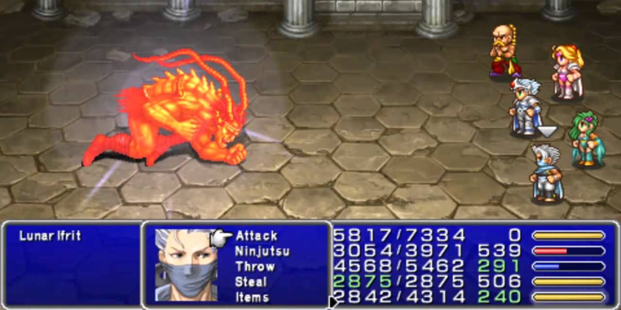 Edge seleciona um movimento para usar em Lunar Ifrit durante uma luta de chefe opcional em Final Fantasy IV para PlayStation Portable