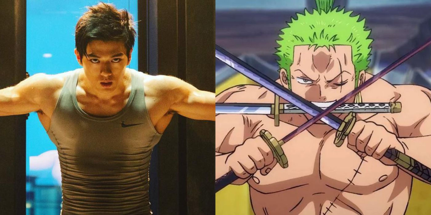 Mackenyu Arata in the gym and Roronoa Zoro from One Piece with three swords.