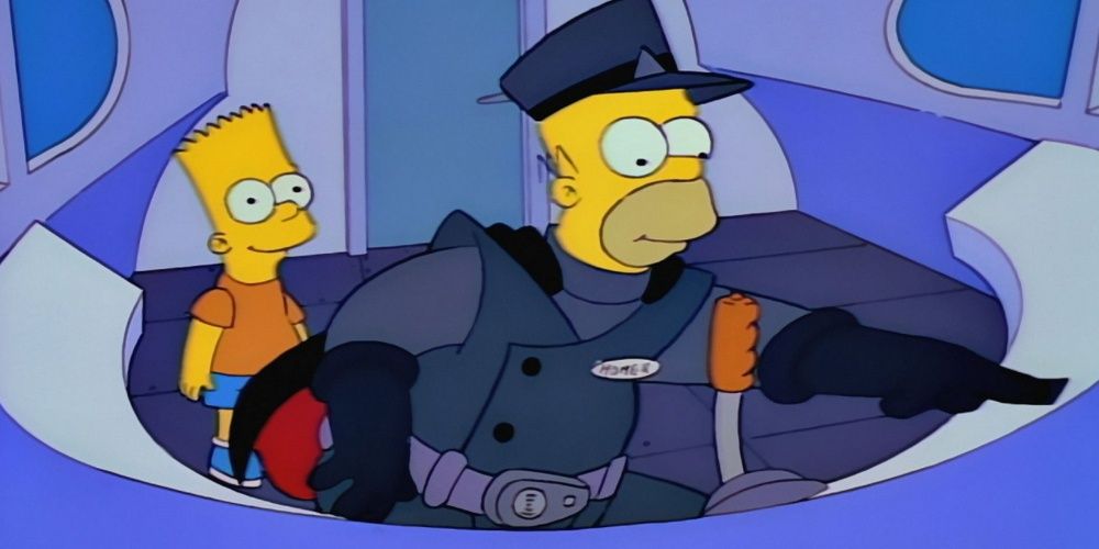 Homer attempts to stop a train in The Flintstones parody "Marge vs the Monorail" (The Simpsons)