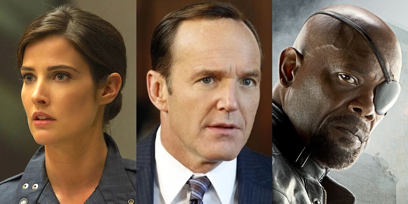 Split Image: Maria Hill (Cobie Smulders) in Captain America: The Winter Soldier, Phil Coulson (Clark Gregg) in Agents of SHIELD, and Nick Fury (Samuel L. Jackson) in The Avengers