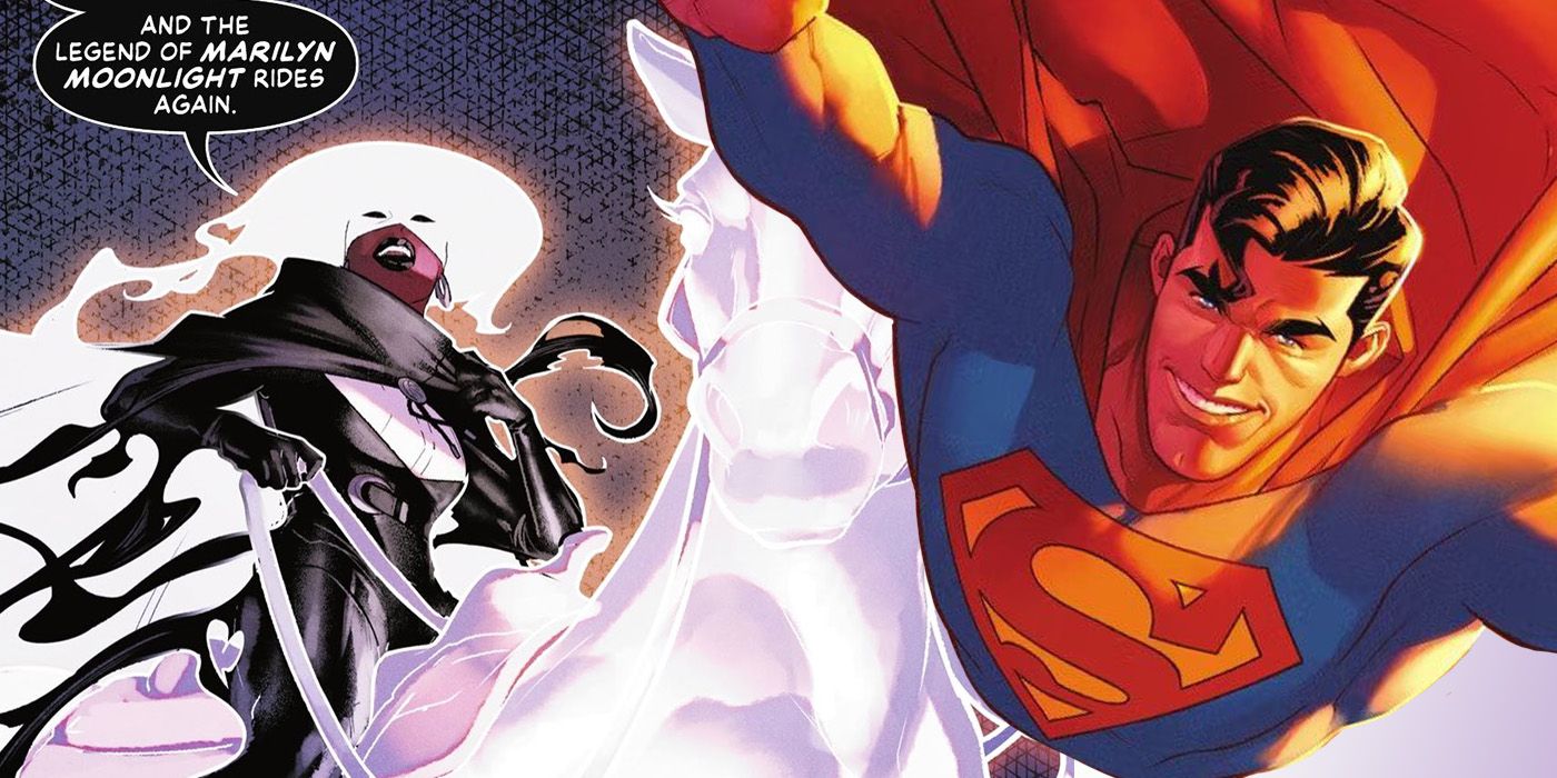 Marilyn Moonlight rides a phantom horse while Superman flies in Dawn of DC art