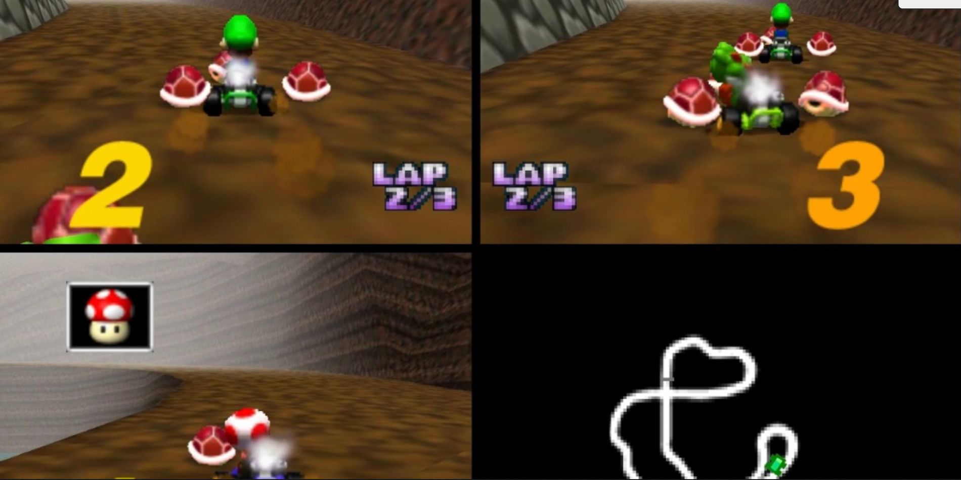 Uma corrida em tela dividida para três jogadores acontece em Mario Kart 64