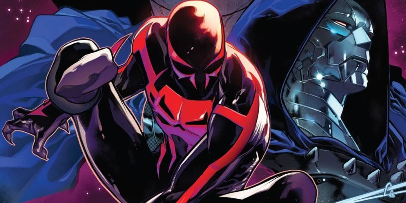 Miguel O'Hara (Spider-Man 2099) and Doom 2099 in front of the Watcher from Marvel Comics
