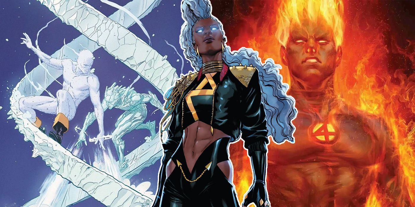 Storm standing in front of images of Iceman and Human Torch