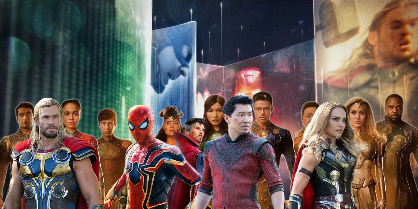A collage of Marvel characters from the MCU's Phase 4, including Shang-Chi, Thor, Spider-Man, and Jane Foster