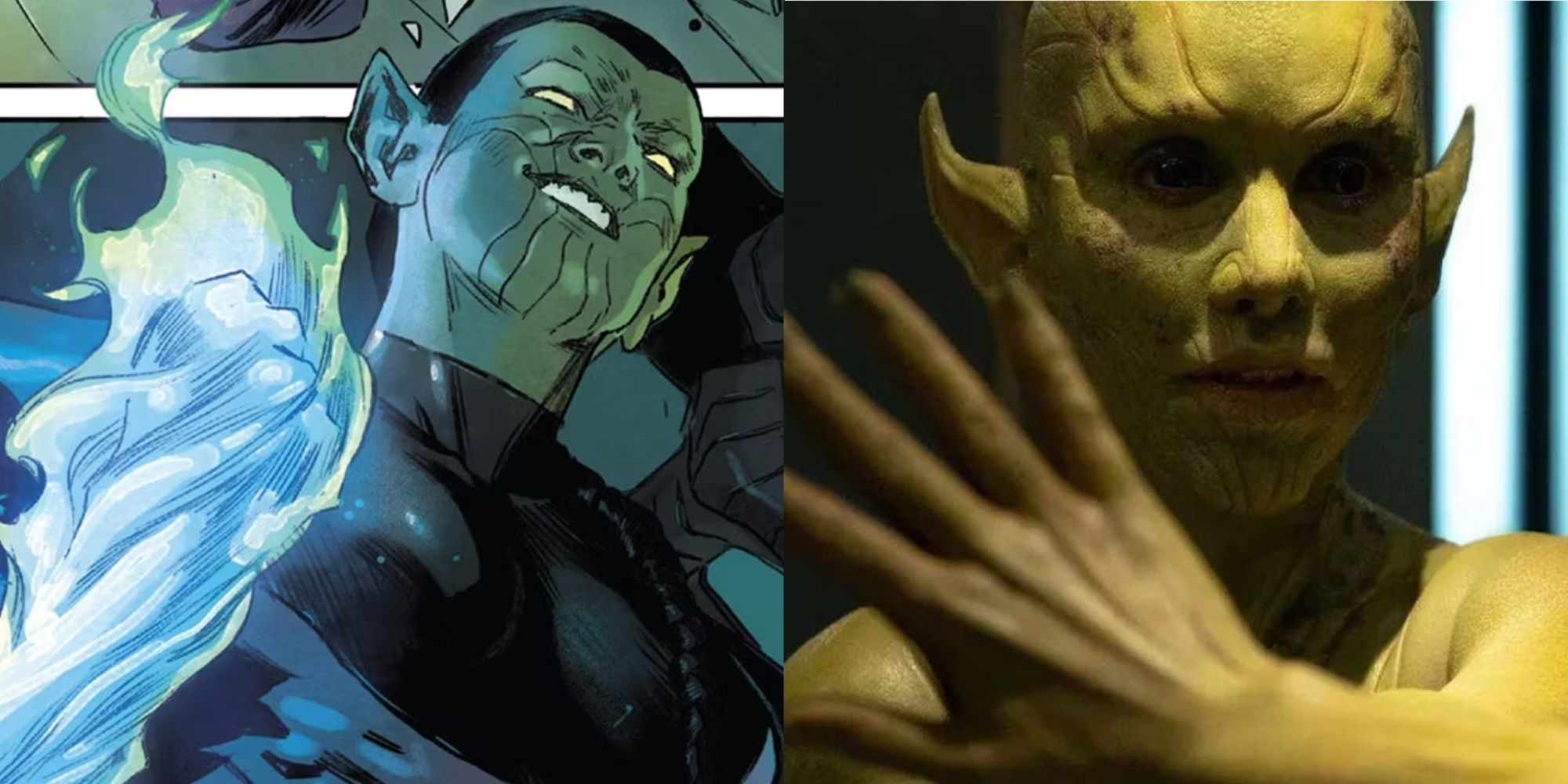 A split image of a Super Skrull from Secret Invastsion and G'iah from the MCU's Secret Invasion