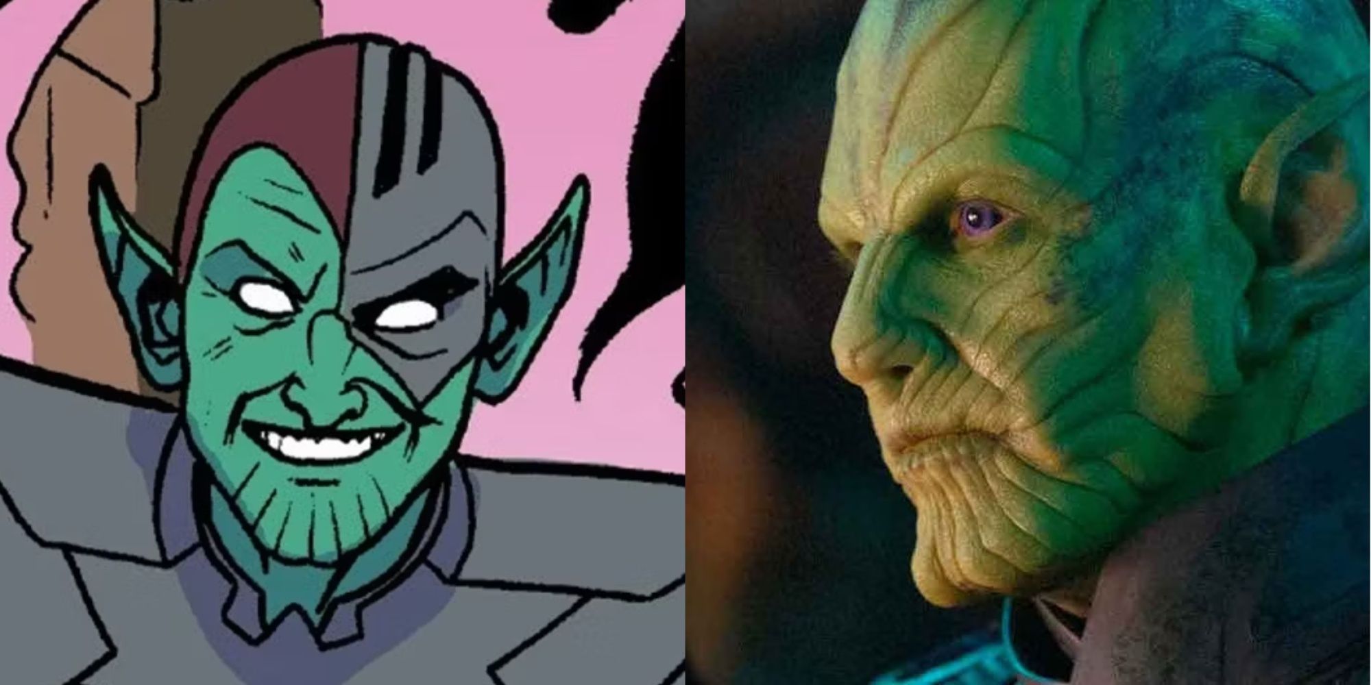 A split image of Talos the Skrull in Marvel Comics and the MCU
