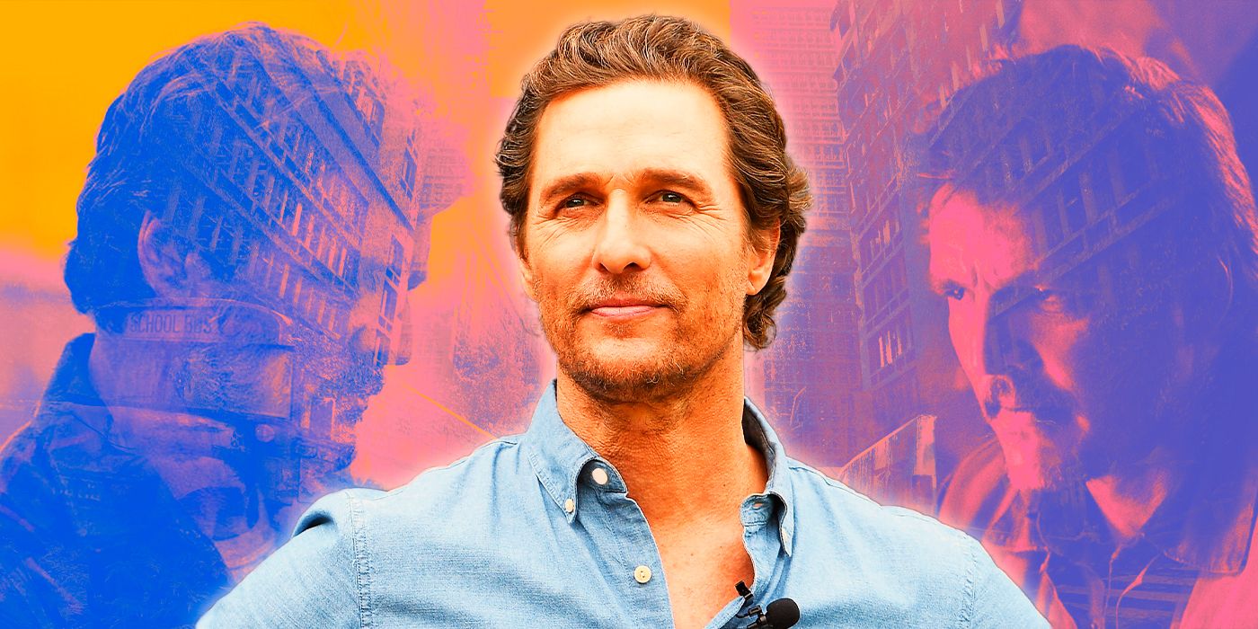 Matthew McConaughey stands in front of a still of Pedro Pascal's Joel in The Last Of Us